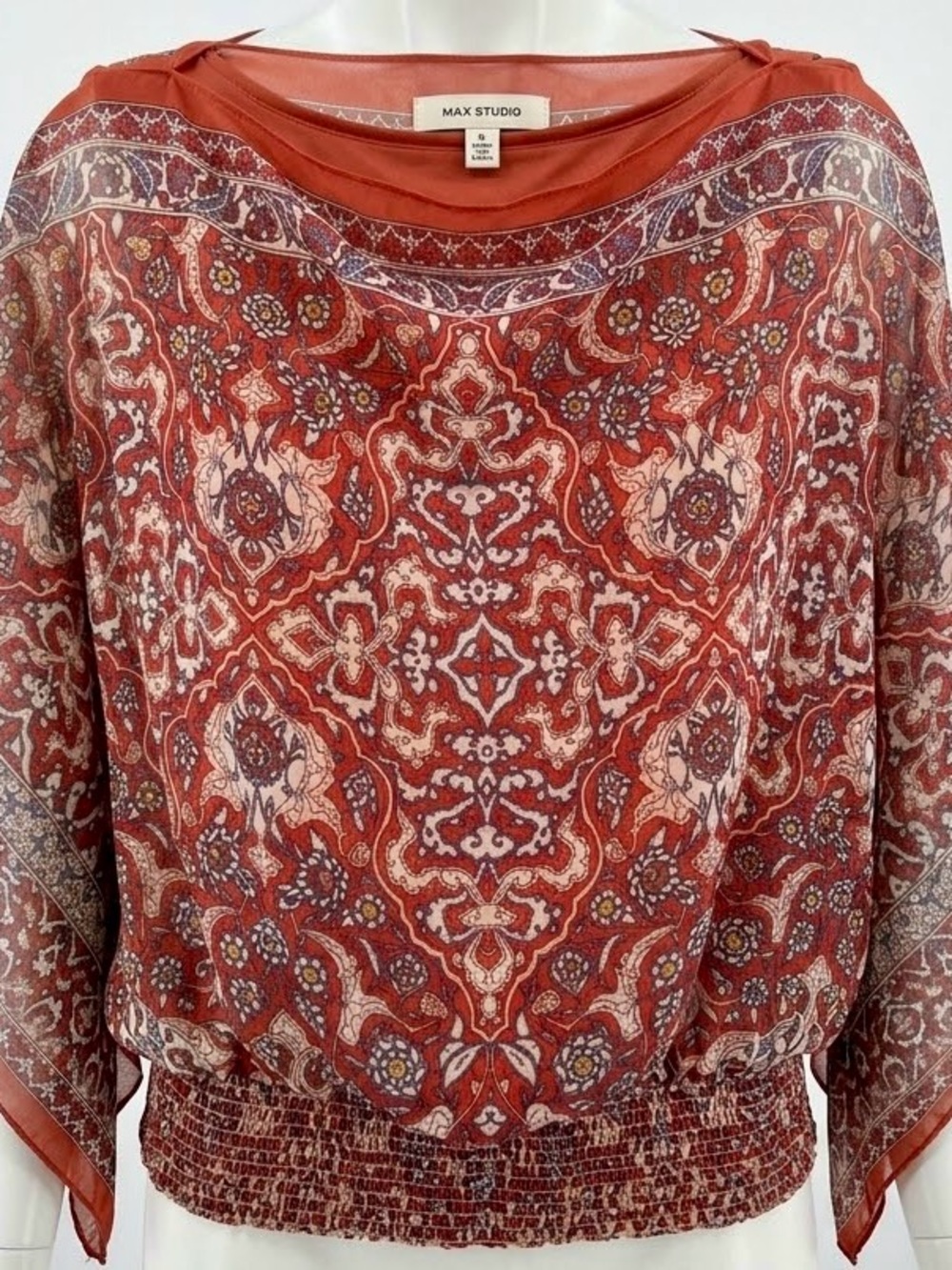 MAX STUDIO Rust Paisley Sheer Poncho Blouse | Smocked Hem Top Size Medium